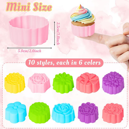R HORSE Mini Silicone Cupcake Liners Molds - 60Pcs 2 Inch Muticolor Floral Shaped Baking Cups, Reusable Non-Stick Cupcake Wrappers Muffin Baking Liners for Oven Microwave Dishwasher Safe