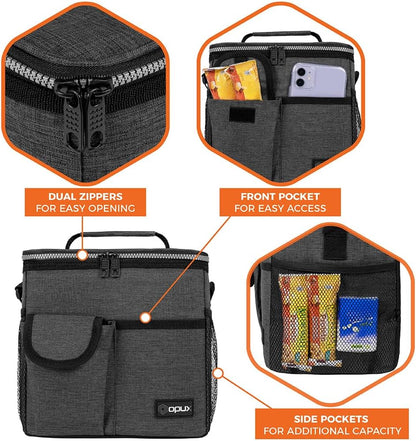 opux Insulated Lunch Bag for Men Women, Leakproof Black Lunch Box for Work, Portable Soft Lunch Cooler Bag with Shoulder Strap, Adult Lunchbox Lunch Pail for Kid Boy Girl School, 14 Can/8L