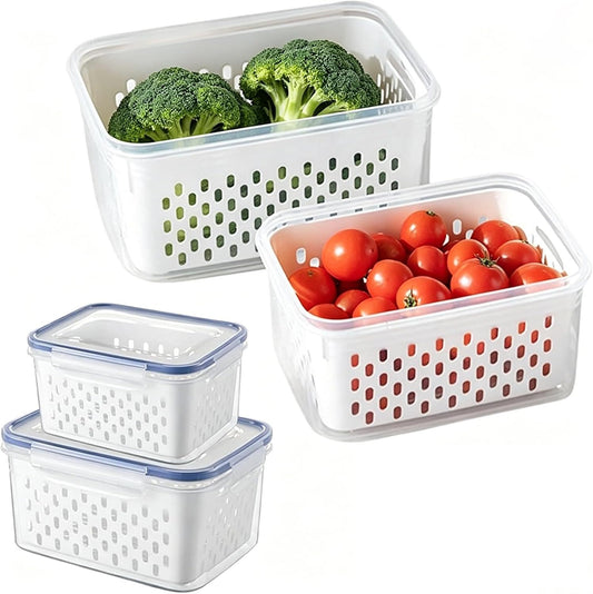 2 PCS Fruit Storage Containers for Fridge with Removable Colander, Leakproof Airtight Food Saver, Plastic Storage Organizer for Berry, Vegetable, Meat