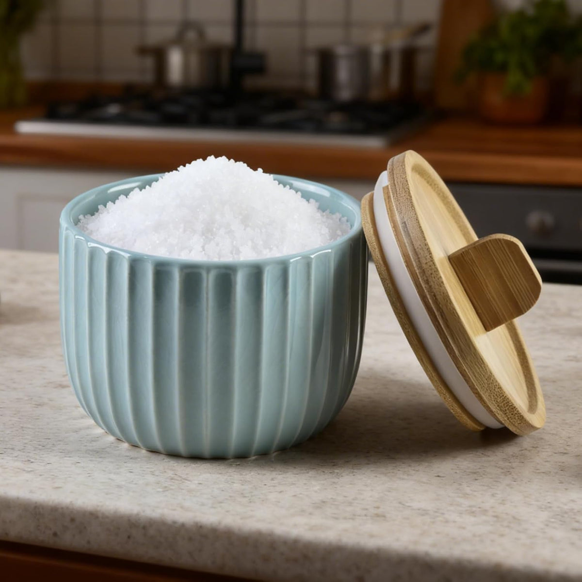Salt Cellar Keeper with Bamboo Lid, 14oz Big Capacity Ceramic Sugar Bowls Pepper Box, Crackle Glaze Seasoning Container Condiment Pot for Kitchen (Blue Color)