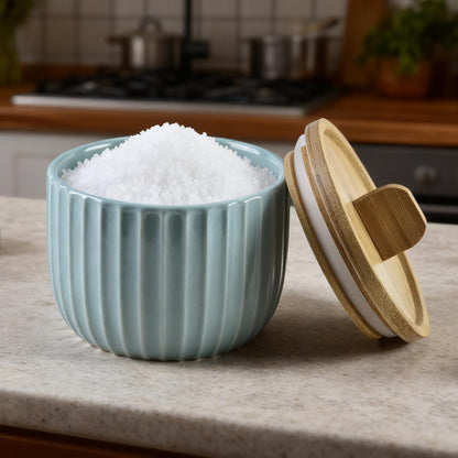 Salt Cellar Keeper with Bamboo Lid, 14oz Big Capacity Ceramic Sugar Bowls Pepper Box, Crackle Glaze Seasoning Container Condiment Pot for Kitchen (Blue Color)