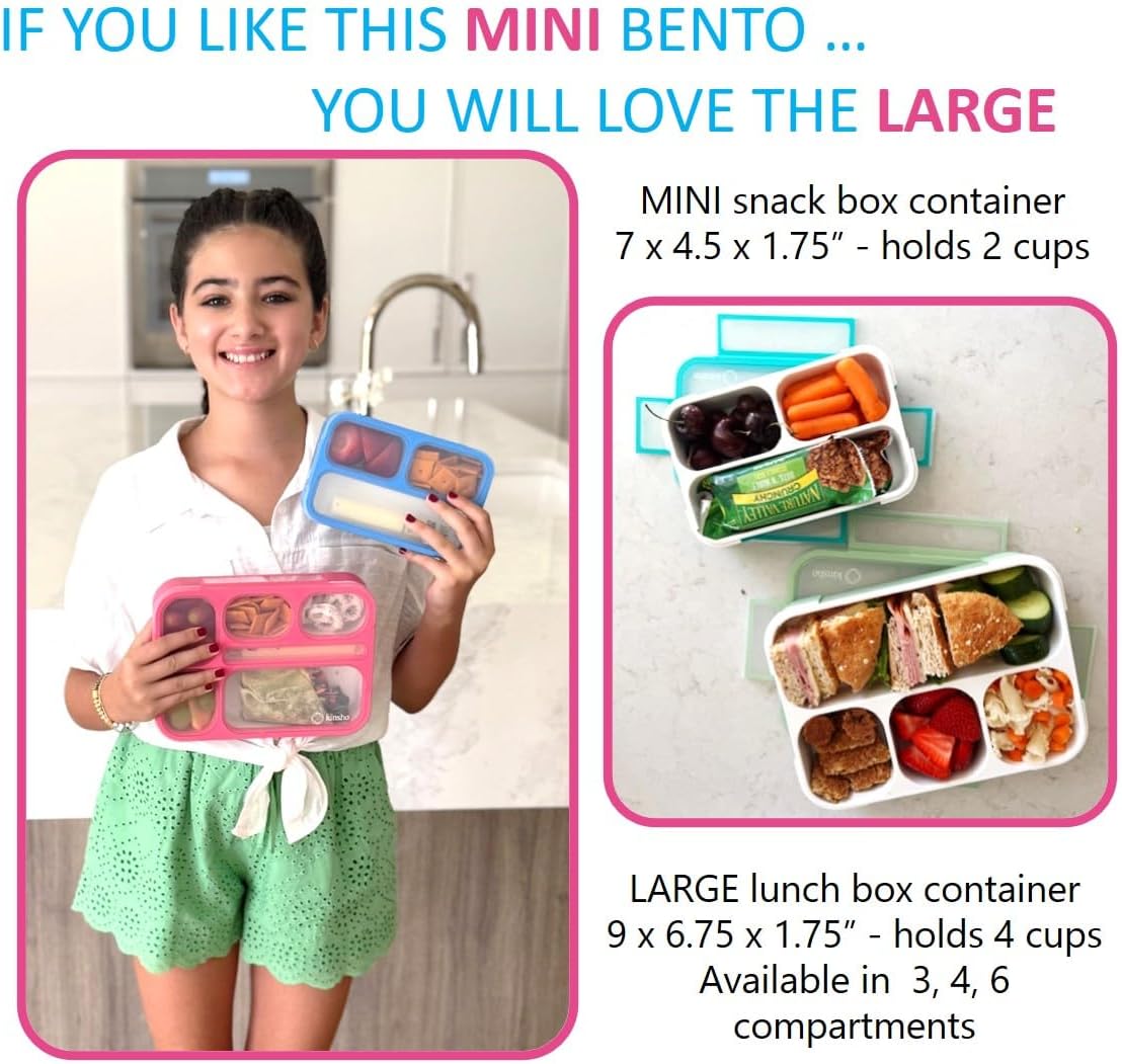 Small Snack Containers for Kids Toddlers - 3 Compartments (Set of 2) - Leak-Proof Reusable Boxes with Lids - BPA-Free Plastic Mini Bento Lunch Box - Holds 2 Cups Capacity (Pastel Blue+Teal Sparkle)
