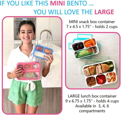 Small Snack Containers for Kids Toddlers - 3 Compartments (Set of 2) - Leak-Proof Reusable Boxes with Lids - BPA-Free Plastic Mini Bento Lunch Box - Holds 2 Cups Capacity (Pastel Blue+Teal Sparkle)