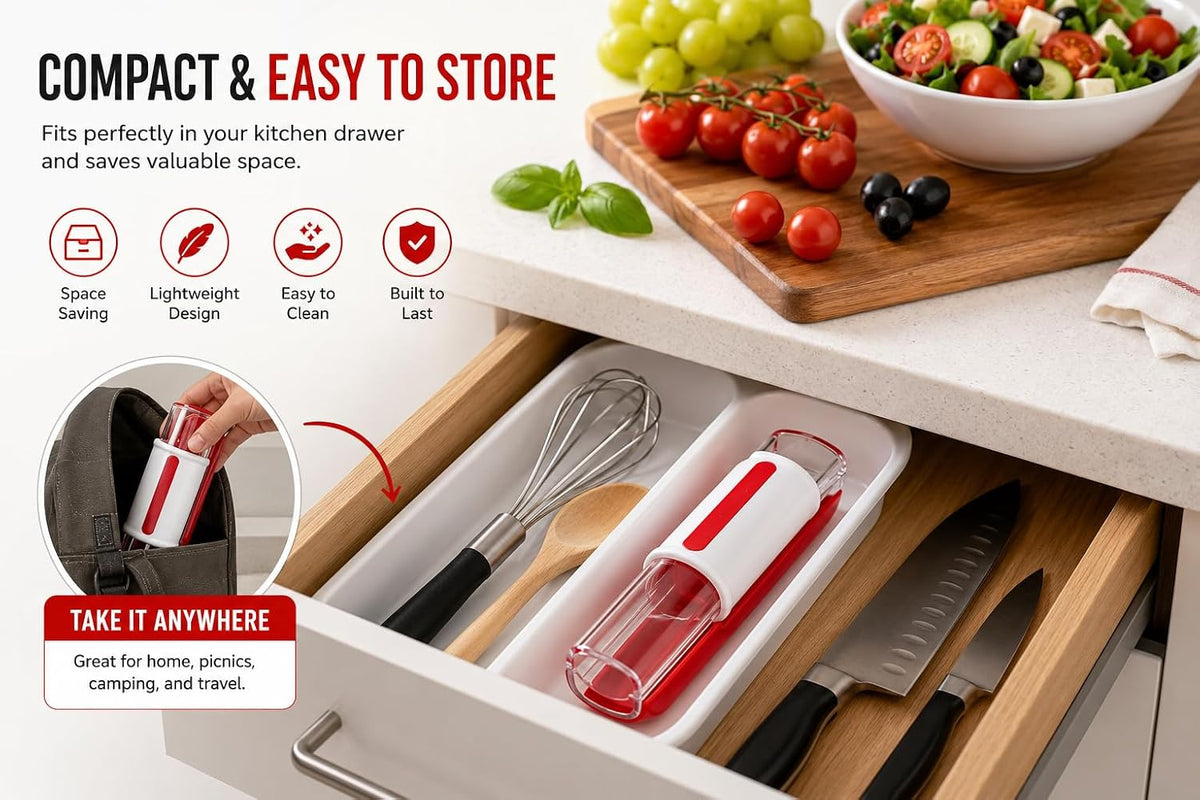 Tomato Slicer & Grape Cutter for Cherry Tomatoes – Safe Fruit Cutter with Hidden Stainless Steel Blade, Easy Push Small Fruit Slicer for Grapes, Strawberries & Snacks, Dishwasher Safe, Red