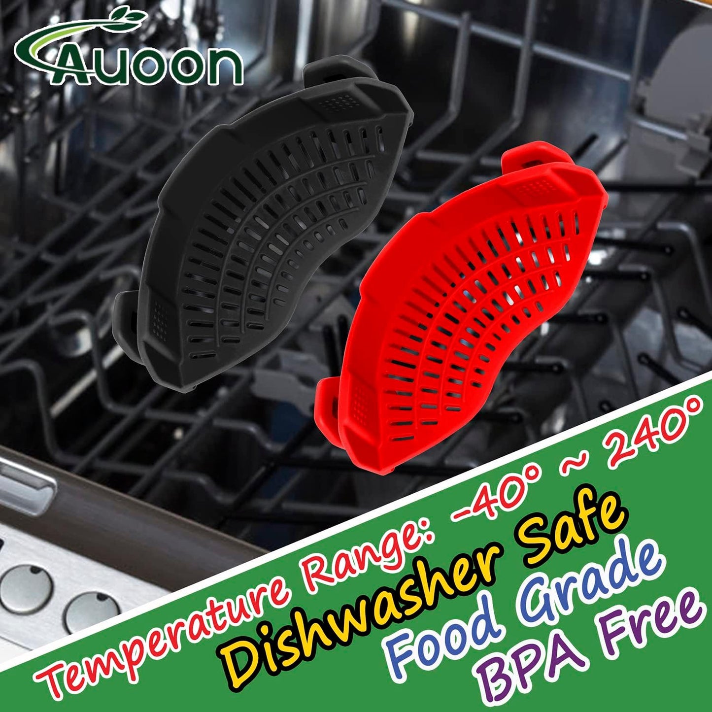 AUOON Clip On Strainer Silicone for All Pots and Pans, Pasta Strainer Clip on Food Strainer for Meat Vegetables Fruit Silicone Kitchen Colander