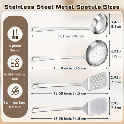 4 Pcs Cooking Utensils Set, Stainless Steel Kitchen Utensils, Heat Resistant Metal Kitchen Tools Include Solid & Slotted Turner Wok Spatula, Serving Spoon, Ergonomic Handle, Easy to Clean, Silver