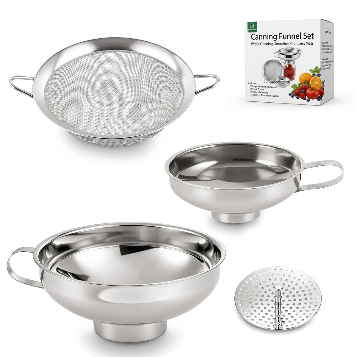 4-in-1 Canning Funnel Set, Stainless Steel Wide Mouth & Regular Funnels with Extended Stable Spout, Umbrella Strainer & Mesh Filter, Food-Grade Kit for Large Food, Jars, Oil, Kitchen Use