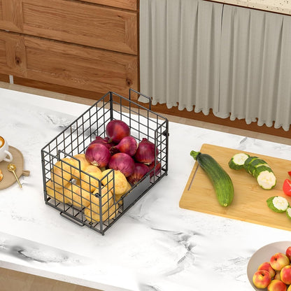 2 Pack Stackable Wire Baskets with Bamboo Top for Pantry Organizers and Storage, XXL Kitchen Organization Counter Basket for Fruit, Vegetable, Produce, Bread, Potato and Onion Storage Bins