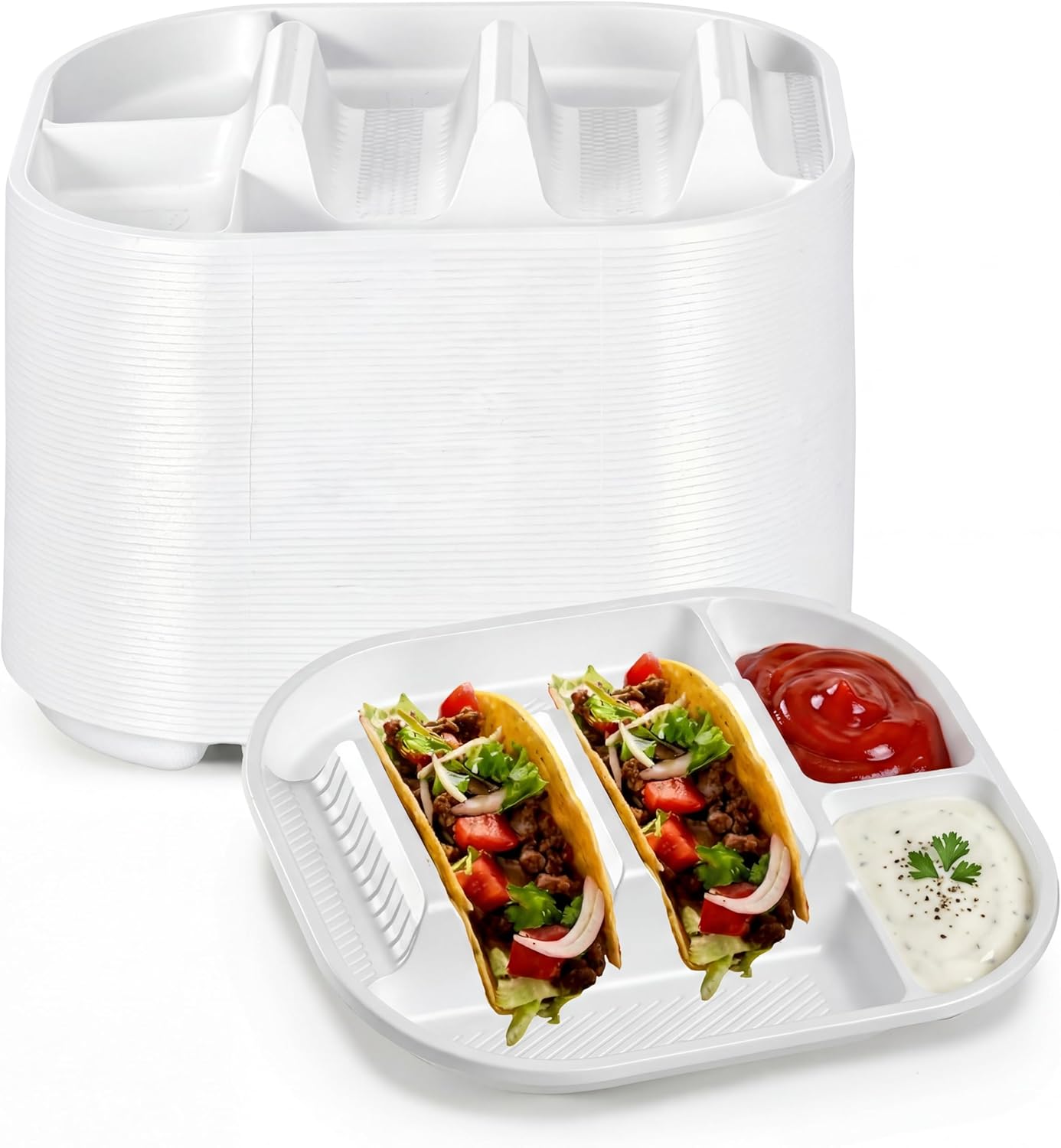 Baderke 40 Pack Disposable Plastic Taco Plates, Fiesta Tacos Holder Tray PP Taco Holder Plates with 2 Dividers for Soft & Hard Shells for Tacos Tuesday Bar, Parties, Picnics (Black)