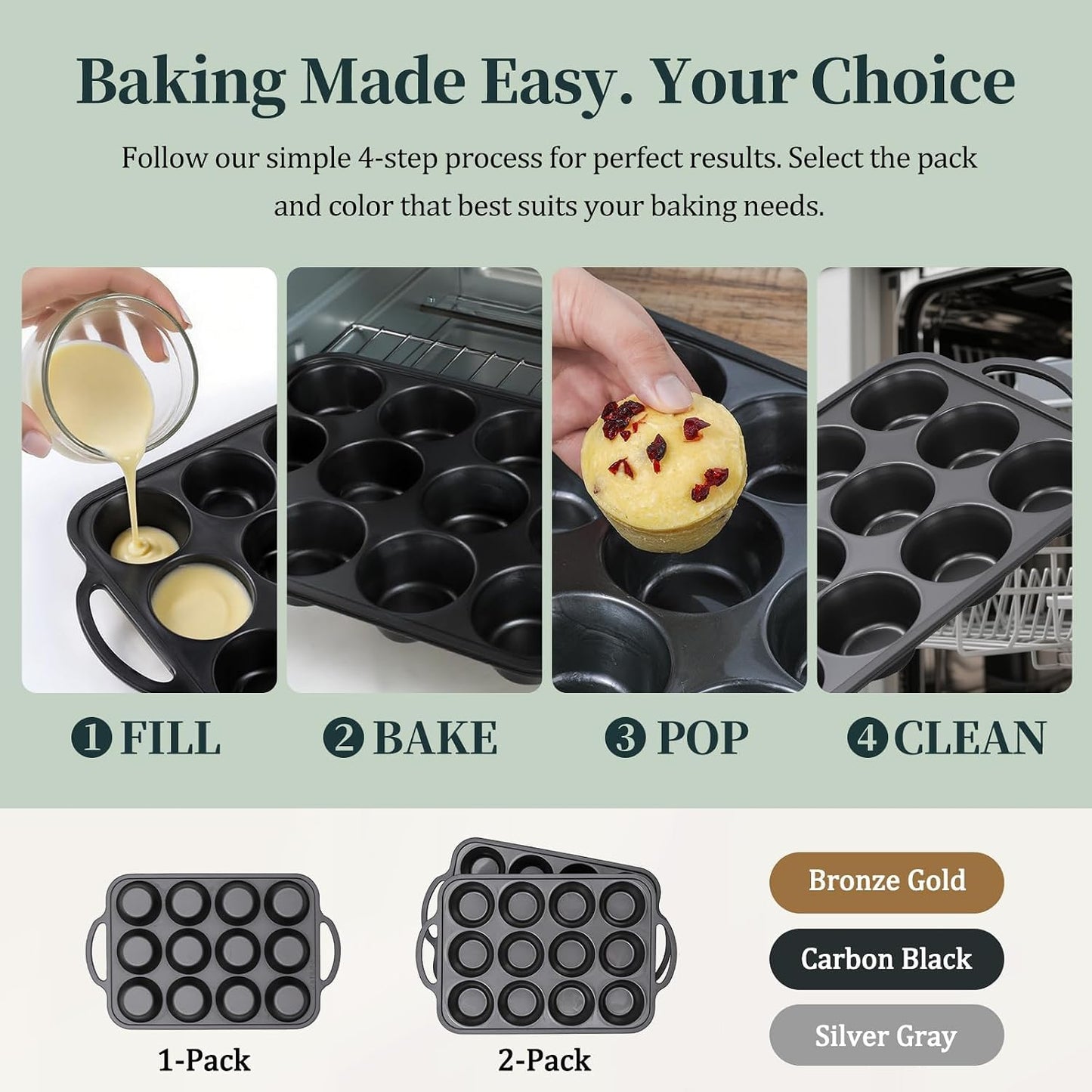 Silicone Muffin Pan with Metal Frame, 12-Cup Non-Stick Baking Pan for Cupcakes & Muffins, Dishwasher Safe & BPA Free, Durable for Meal Prep & Oven Use