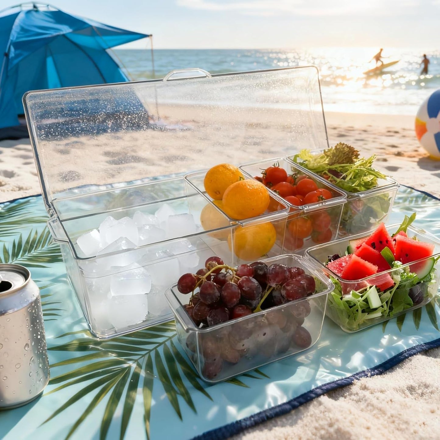 Ice Chilled Condiment Server, 5 Removable Compartments Condiment Containers with Lids Drain Plug, Clear Garnish Tray Serving Platter Holder for Caddy Fruit Snack Sauce Taco Salad Bar Supplies