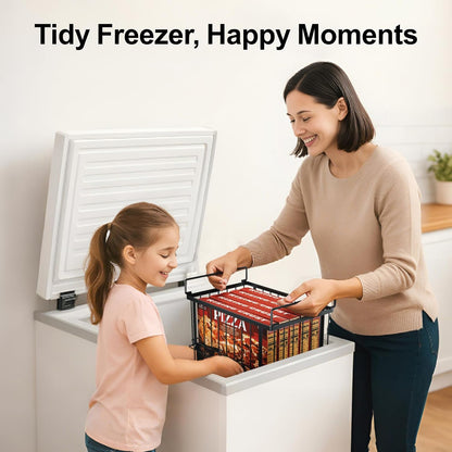iSPECLE Deep Freezer Organizer Bins - Height-Adjustable Fit 12" Pizza, 2Pcs | Extra Large, Stackable For 5 to 7 Cu. Ft Chest Freezers, Easily Sort and Get Frozen Foods with Handles, No Digging, Black