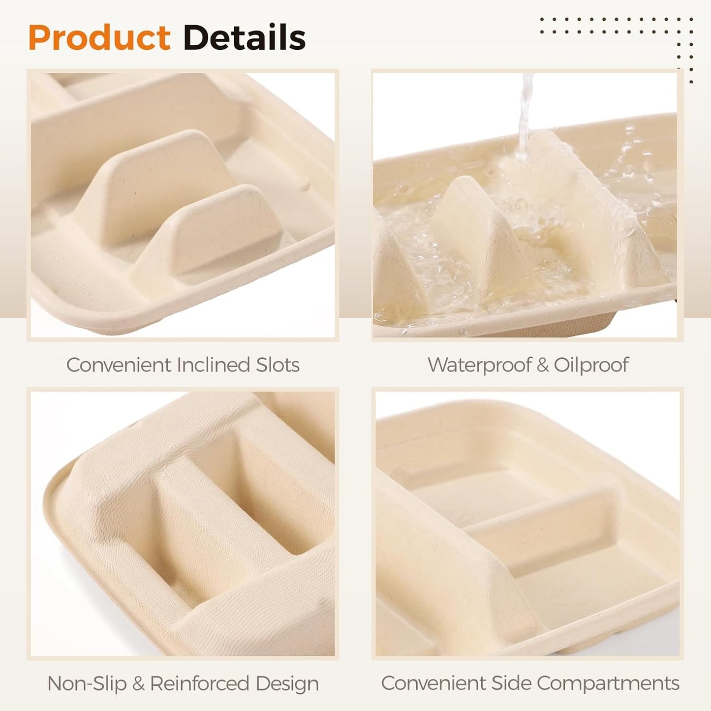 100 PCS Disposable Taco Holders, Bagasse Pulp 2-Slot Taco Plate with Side Compartments, Safe Plant Fiber Tray for Taco Tuesday, Party, Sandwich, Hot Dog, Sauce & Snack Serving, Thick(100)