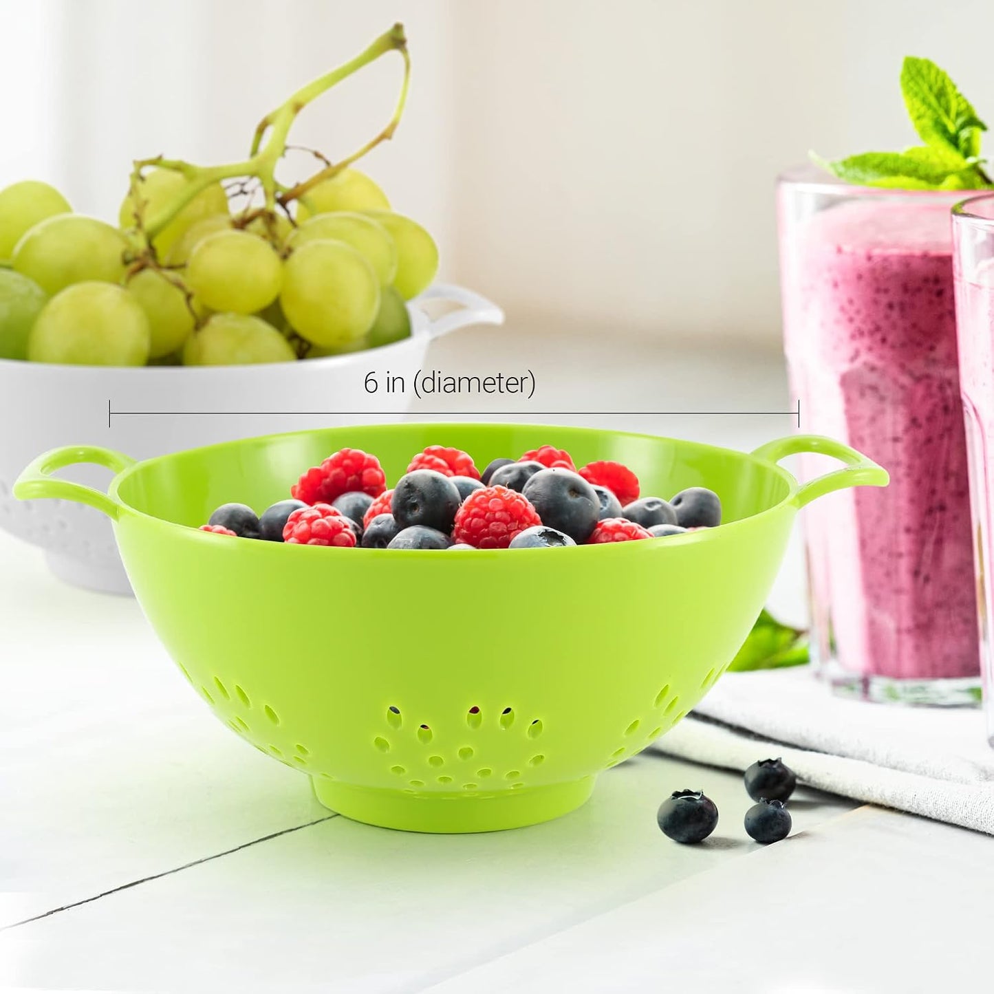Meadow Lane 6-inch Small Colander, BPA-Free, Dishwasher Safe, Double Handles, Compact Food Strainer for Berries, Veggies and Pasta, 3-Cup Capacity, Smooth White
