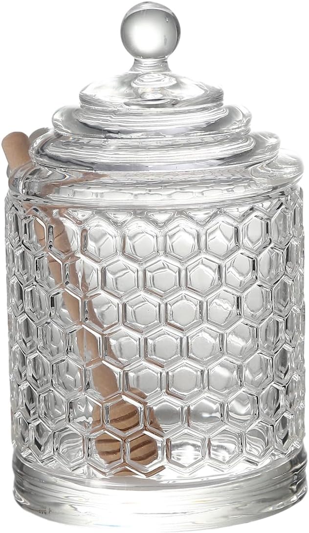 Honey Jars,9 oz Clear Glass Honey Pot Set with Dipper and Lid - Glass Honey Dispenser,Syrup Jar,Containers for Kitchen - Honeypot with Dipper Sticks - Honey Containers (Hexagon)