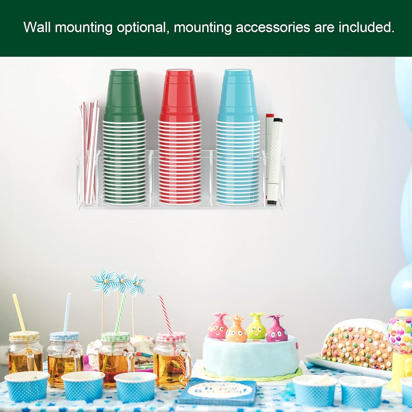 Double Cup Holder with Marker Slot, Party Cup Dispenser Acrylic Cup Organizer Mark Your Cup and Drink Up Caddy Modern Bar Counter Decor, Clear