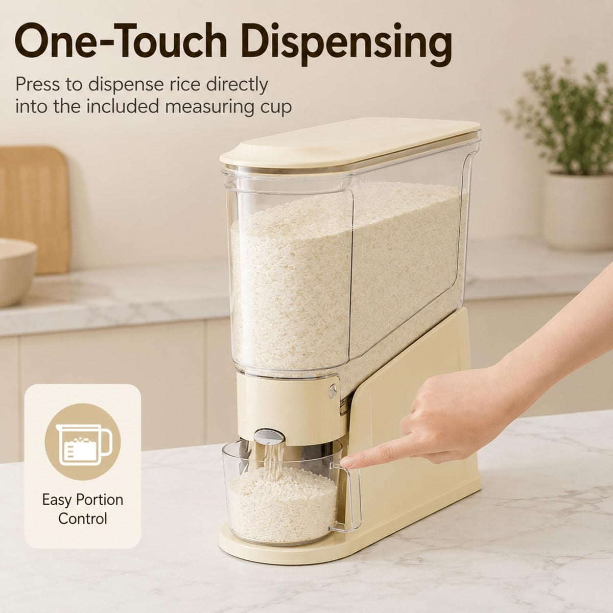 ROOM127 Rice Dispenser 22 Lbs, Large Airtight Grain Container, Cream White | Family Size Storage, BPA-Free, Moisture-Proof Seal, One-Touch Pouring, Clear Window, for Cereal, Beans, Oats & Dry Food