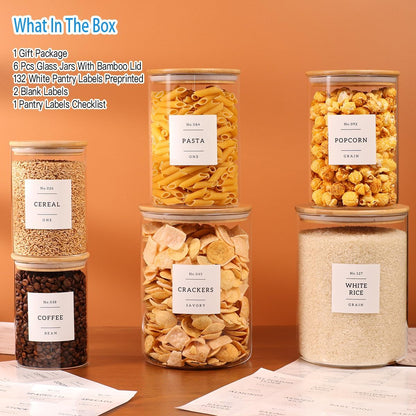 3 Pcs Glass Canisters with Airtight Bamboo Lids and 42 Kitchen Pantry Labels Preprinted - Clear Glass Flour and Sugar Storage Container Set - Large Glass Jars with Wood Lids(100 OZ/54 OZ/27 OZ)