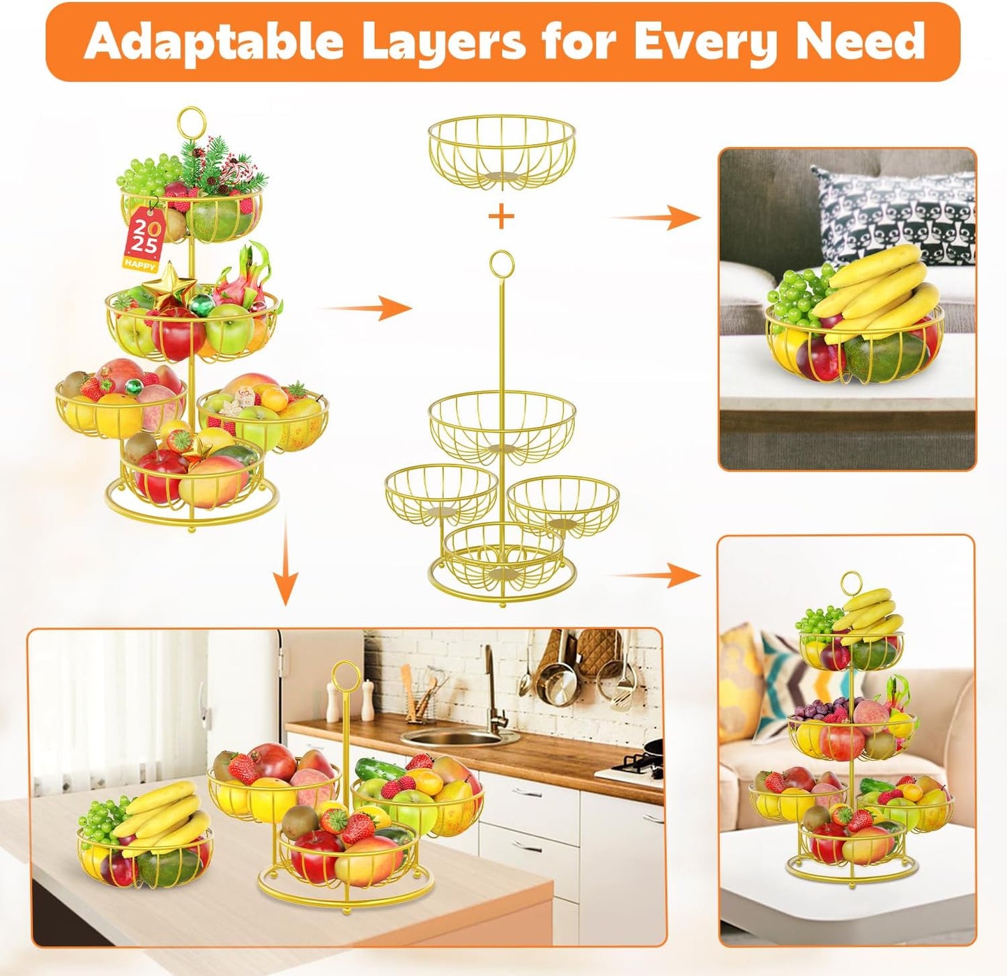 PouHenier.jh 3 Tier Rotating Fruit Basket Bowl, Kitchen Counter Wire Produce Organizer Holder, Stable Vegetable Storage Stand with 2 Banana Hangers, Countertop Tiered Veggie Rack, Easy Setup, Black