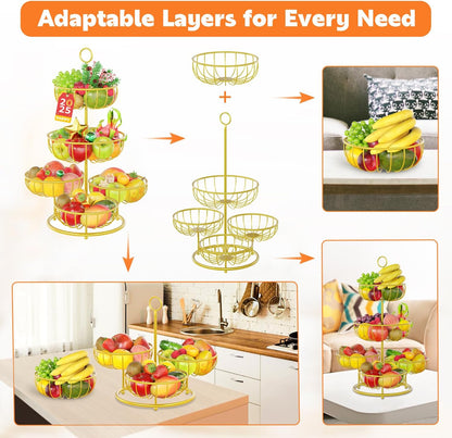 PouHenier.jh 3 Tier Rotating Fruit Basket Bowl, Kitchen Counter Wire Produce Organizer Holder, Stable Vegetable Storage Stand with 2 Banana Hangers, Countertop Tiered Veggie Rack, Easy Setup, Black