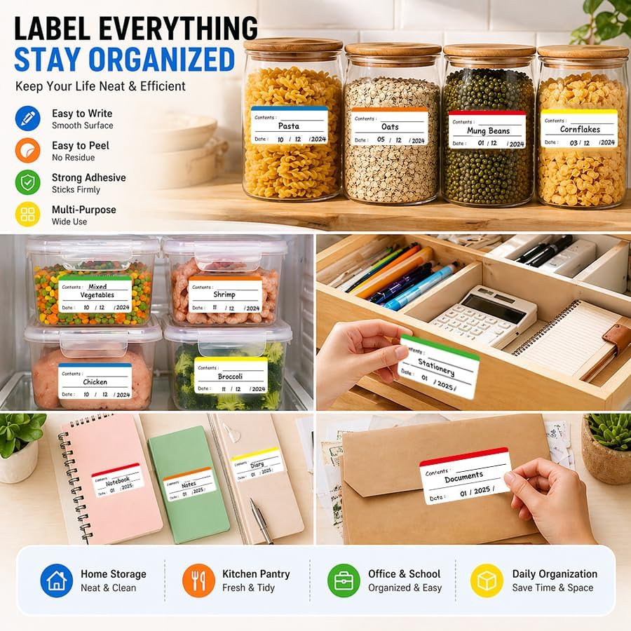 500 pcs Food Labels, 1.18 x 2.36 Inch Freezer Labels, Removable for Food Containers, Mason Jars, Water/Oil/Tear Resistant, No Residue Food Storage Labels, Perfect for Kitchen