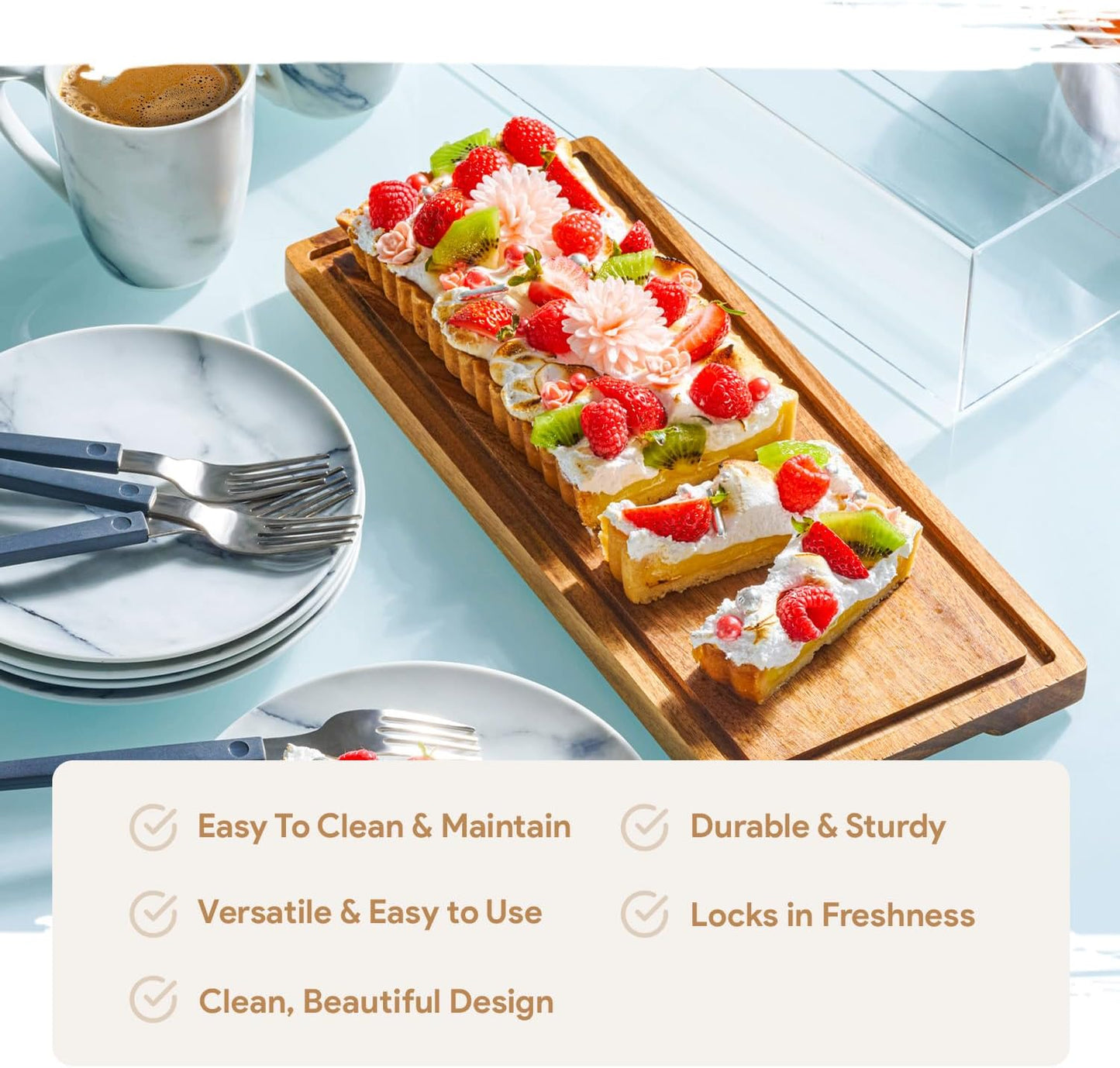 HOMESPHERE Cake Display with Lid – Acacia Wood Dessert Stand & Wooden Charcuterie Board with Lid for Loaf Cakes, Bread, Pastries, Cheese, Large Rectangle Wood Tray Platter & Acrylic Cover, 15 x 6.25”