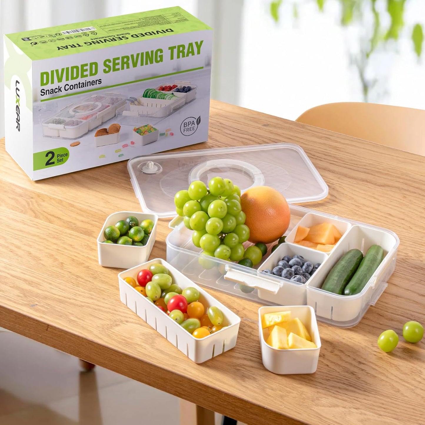LUXEAR Divided Serving Tray with Lid and Handle Snack Box Charcuterie Container Dishwasher Safe 8 Compartment Snack Platters Portable Clear Organizer for Fruits, Candy, Snacks, Picnic, Travel