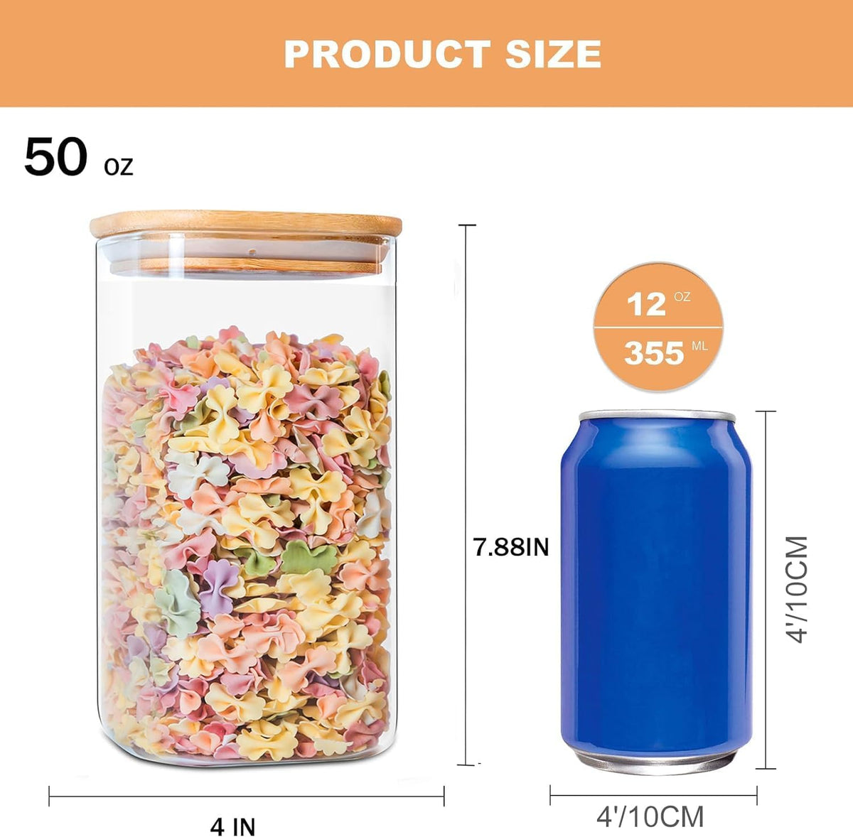 Glass Food Storage Jars 37 oz Set of 6,Glass Storage Containers Clear Glass Food Canister with Bamboo Lid Airtight For Serving Tea, Coffee, Flour, Sugar, Candy, Cookie, Spice and More (Square)