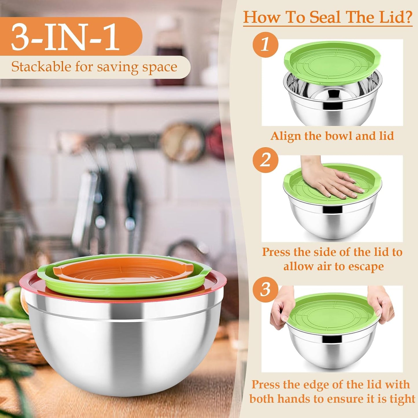 TeamFar Mixing Bowls, Stainless Steel Nesting Salad Bowls with Lids Set of 3 & 3 Grater Attachments, For Mixing/Serving/Storing, Non-toxic & Long-lasting, Size 4.6/3 / 1.5 QT, Black
