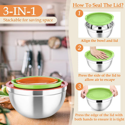 TeamFar Mixing Bowls, Stainless Steel Nesting Salad Bowls with Lids Set of 3 & 3 Grater Attachments, For Mixing/Serving/Storing, Non-toxic & Long-lasting, Size 4.6/3 / 1.5 QT, Black