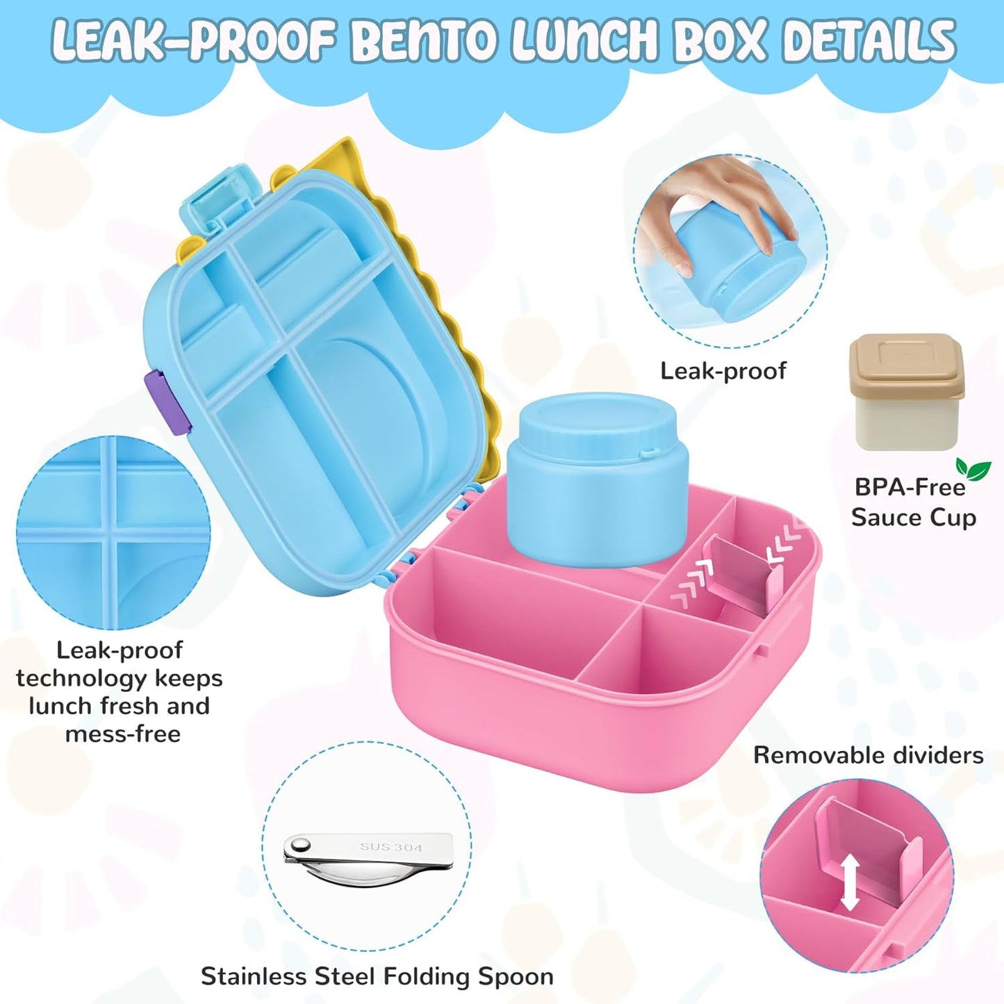 Lunch Box Kids, Leak Proof 5 Compartment Bento Box for Kids, 13oz Thermo for Hot Food Kids Lunch Box,Hot Lunch Box for School Travel