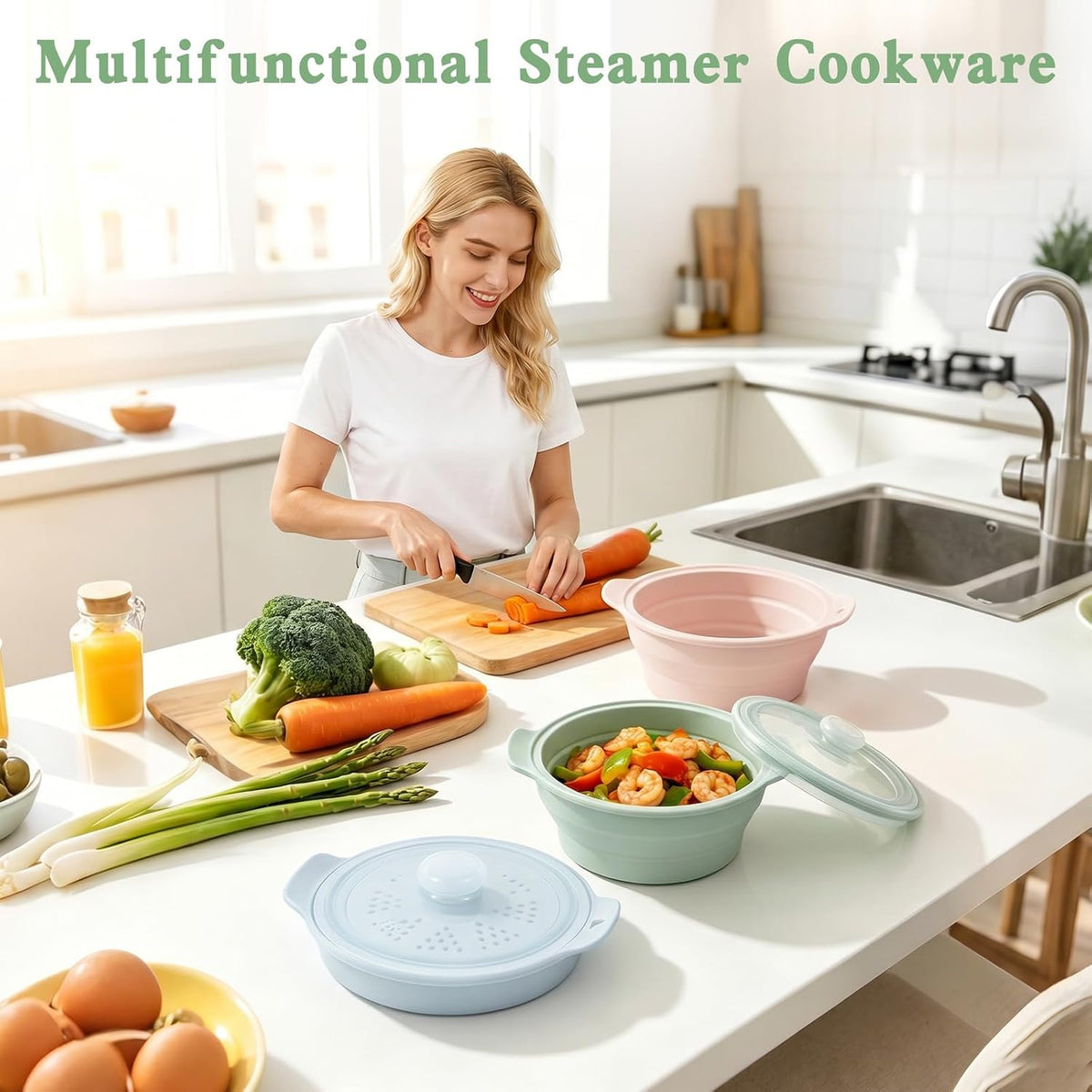 42oz Upgraded Silicone Foldable Microwave Steamer (Light Green)