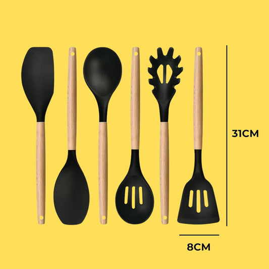 33-Piece Silicone Kitchen Utensil Set with Holder – Heat Resistant up to 446°F, Non-Stick Cooking Tools with Wooden Handles, Measuring Cups, Spatulas, Tongs, Whisk & More