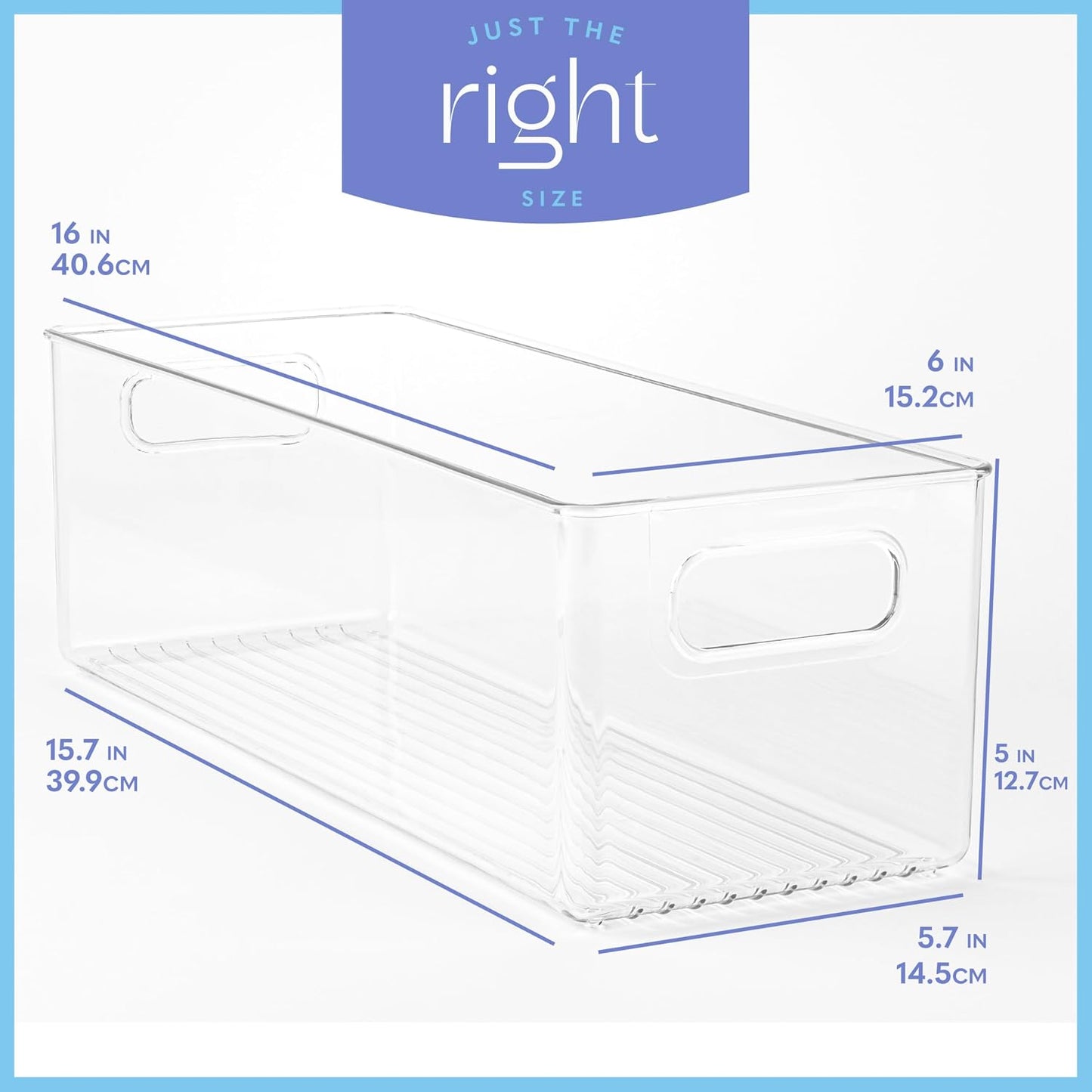 Plastic Food Storage 4 Pack Clear Container Bin with Handles for Organizing Kitchen, Pantry, Refrigerator, Freezer, Pantry, Cabinet, Closet, Bathroom. Stackable 10”x6”x3”