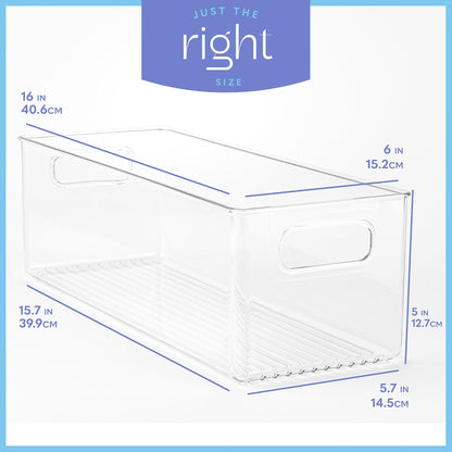 Plastic Food Storage 4 Pack Clear Container Bin with Handles for Organizing Kitchen, Pantry, Refrigerator, Freezer, Pantry, Cabinet, Closet, Bathroom. Stackable 10”x6”x3”