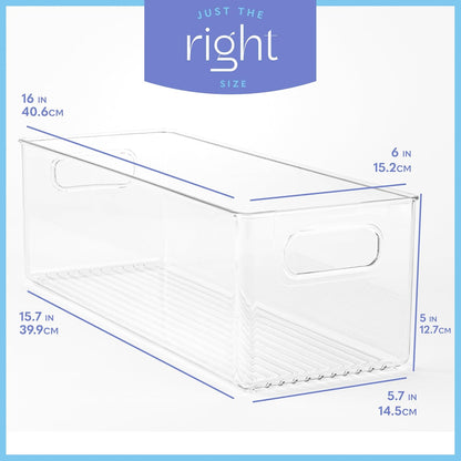 primebox Plastic Food Storage 2 Pack Clear Container Bin with Handles for Organizing Kitchen, Pantry, Refrigerator, Freezer, Pantry, Cabinet, Closet, Bathroom. 16”x6”x5”