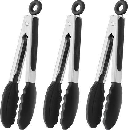 HINMAY Small Silicone Tongs 7-Inch Mini Serving Tongs, Set of 3 (Black Gray White)