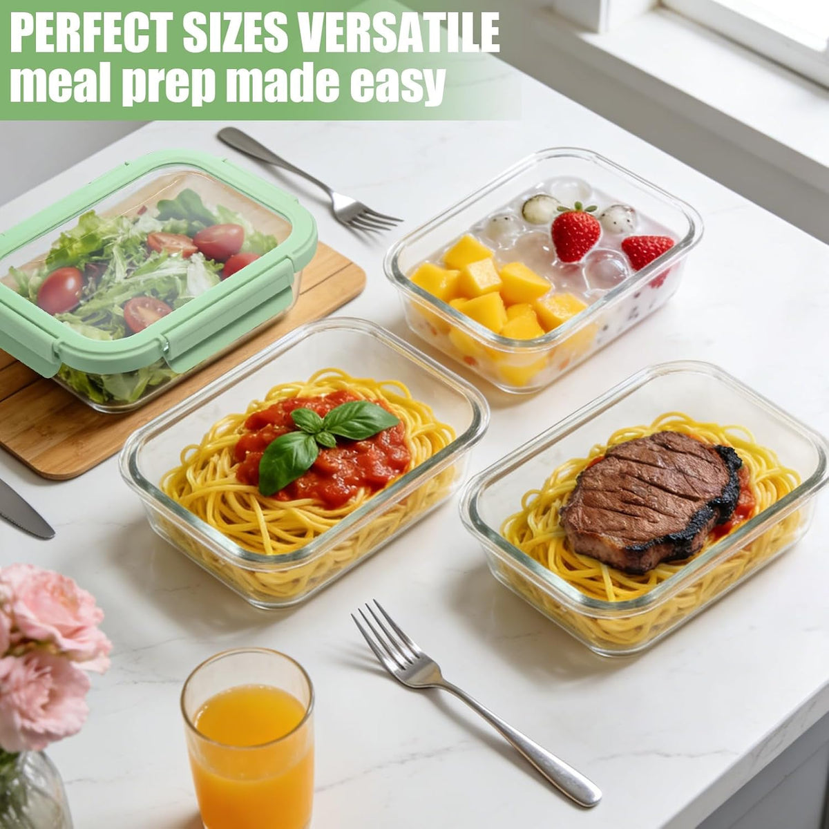 4 Pack Borosilicate Glass Meal Prep Containers, Glass Food Storage Containers with Tempered lids, 35.2oz/4.4 Cup Airtight Leak-Proof Glass Lunch Containers for Microwave Freezer Safe (Green)