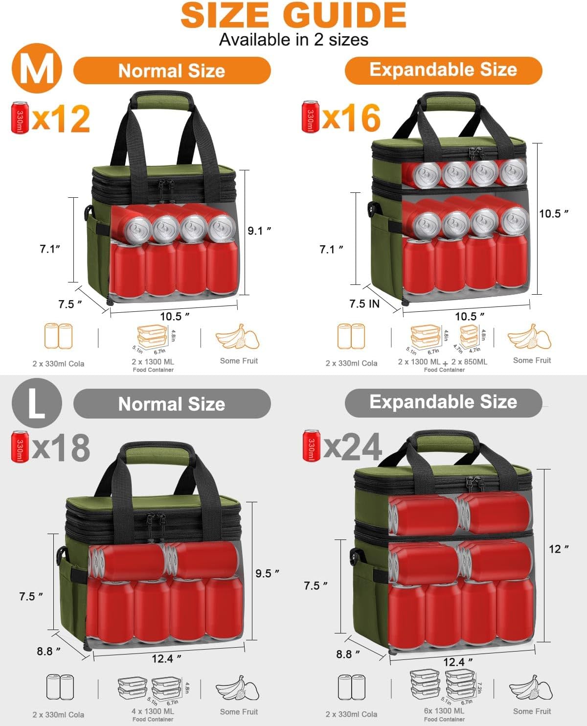 Pritent Lunch Box For Men Women Double Deck Insulated Lunch Bag For Men Woman Leakproof Expandable Cooler Bag with Adjustable Shoulder Strap for Kids Shool Work Picnic Camping(Beige,Large)