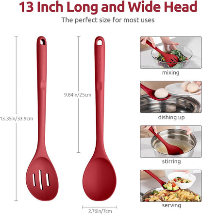 600ºF Heat Resistant Silicone Spoons: U-Taste 13.3in Solid & Slotted Kitchen Cooking Tool, Nonstick Long Rubber Utensil, Sturdy for Mixing, Serving, Stirring, Frying, Basting (Aqua Sky, 2PCS)