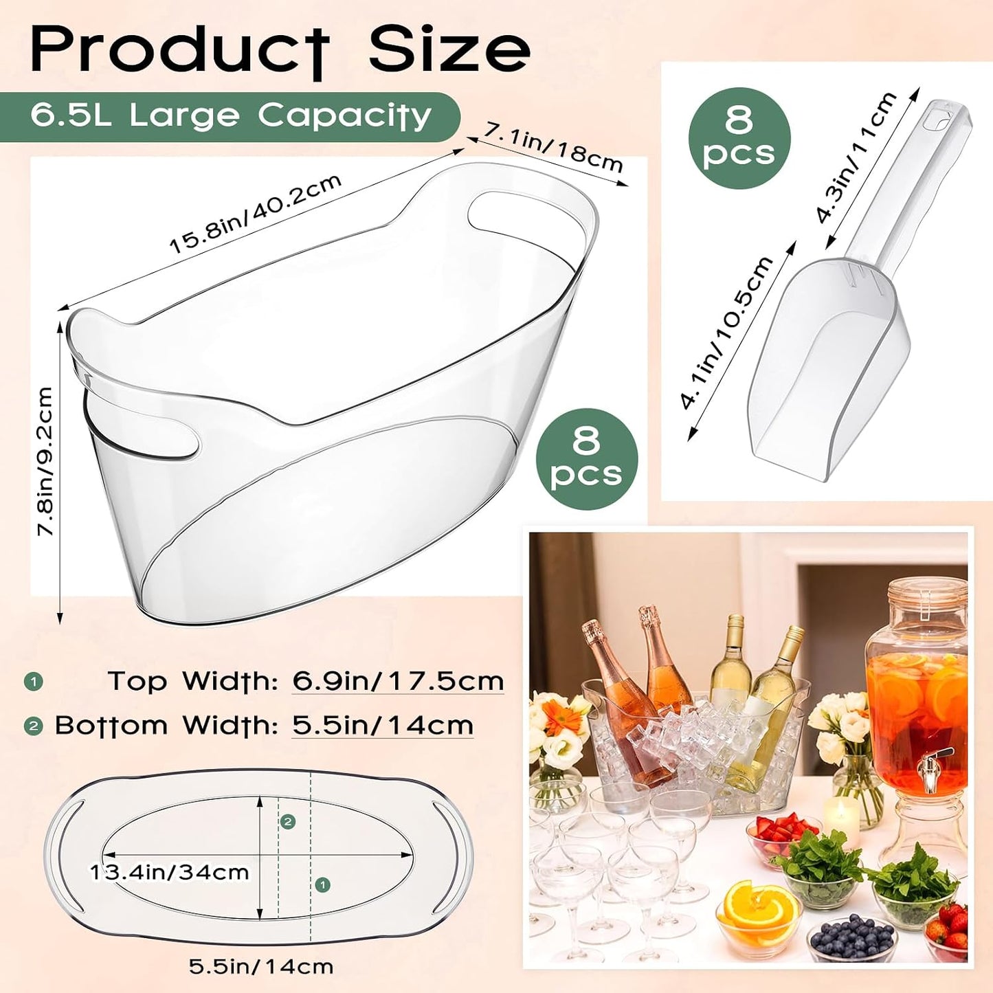 2 Pack 6.5l Ice Bucket for Party, Clear Plastic Champagne Cooler with Ice Scoop & Metal Bottle Opener, Large Portable Drink Beverage Tub for Beer & Mimosa Bar Supplies
