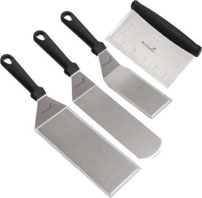 Stainless Steel Metal Spatula Set - Teppaniyaki Spatulas - Griddle Scraper Flat Spatula Pancake Flipper Hamburger Turner - Metal Utensil great for BBQ Grill Flat Top Cast Iron Griddle Accessories