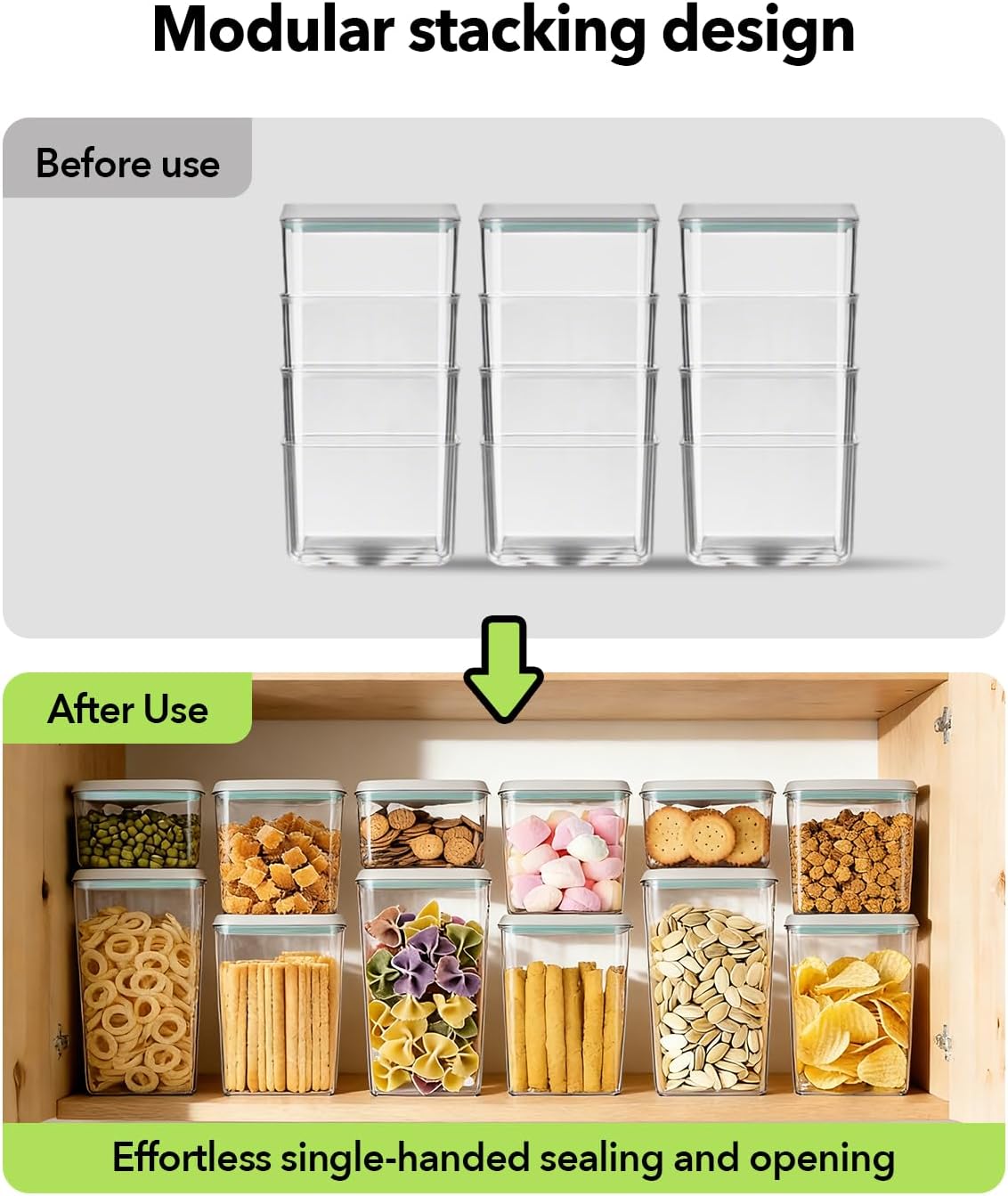 Airtight Food Storage with One-Touch Lid, (3 × 1.27 QT / 1.2 L) Stackable Durable PET for Sugar, Grains, Coffee Beans, and Baking Pantry Organization