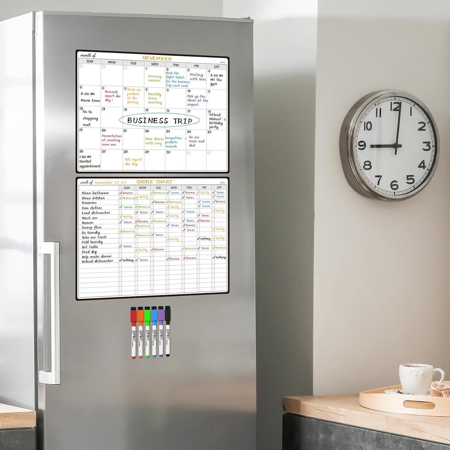 JJPRO Magnetic Monthly Calendar Whiteboard Set for Refrigerator-Monthly Planning Board, Weekly Menu Planner and to Do List for Fridge with 6 Markers-14.5" x11
