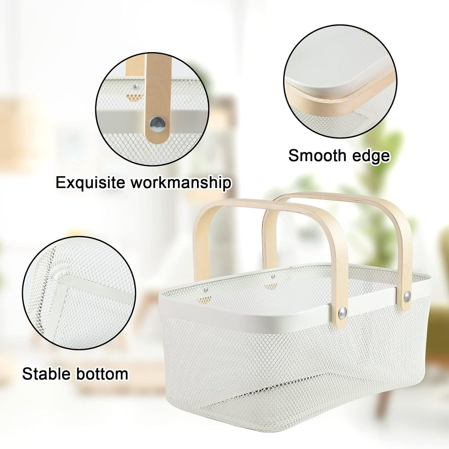 Portable Garden Harvest Basket-Mesh Design Natural Bamboo Handle Wire Storage Baskets,Mesh Basket with Handle Organize Items Reduce Space Occupation,Suitable for Kitchen,Garden,Picnic(Black)
