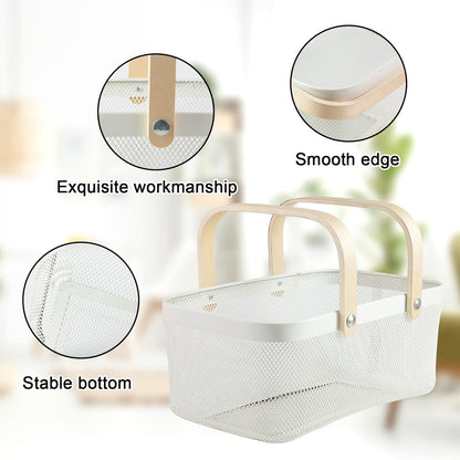 Portable Garden Harvest Basket-Mesh Design Natural Bamboo Handle Wire Storage Baskets,Mesh Basket with Handle Organize Items Reduce Space Occupation,Suitable for Kitchen,Garden,Picnic(Black)