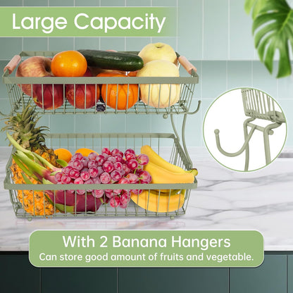 Fruit Basket Bowl 2 Tier Detachable with 2 Banana Hangers, Fruit Stand Holder for Kitchen Countertop, Metal Wire Vegetable Storage Organizer, for Bread Snack Veggies Produce, Black