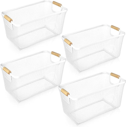 Ziliny 4 Pcs Metal Mesh Wire Baskets with Wooden Handles for Organizing, Pantry Organizers and Storage Steel Bin Kitchen Baskets for Fruit Potato Onion Snacks Bathroom Cabinet(Medium,Cream White)