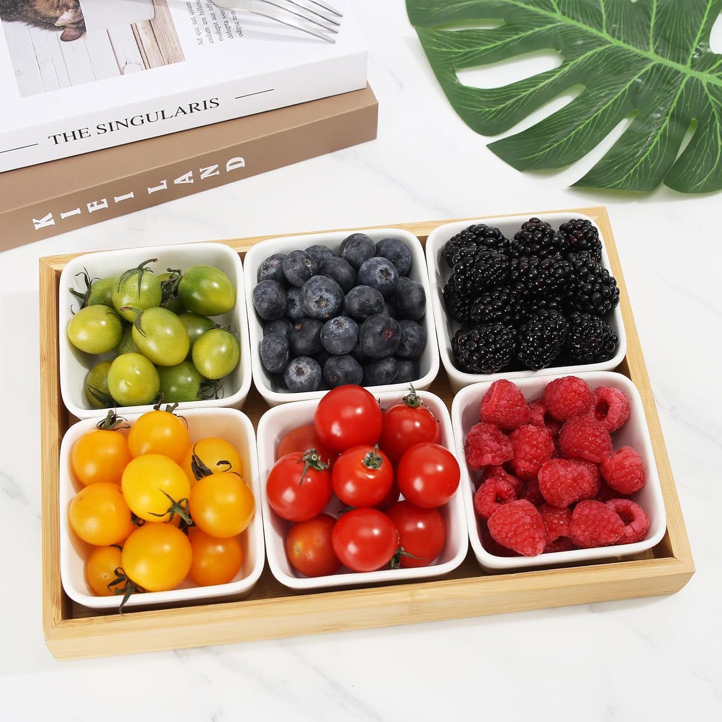 Ceramic Snack Bowls with Bamboo Tray Set,Divided Serving Bowls and Platters for Hosting & Party,Removable Serving Dishes for Chips and Dip,Fruit,Veggies,Candy and Snacks Kitchen Decor (4)