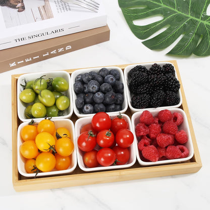 Ceramic Snack Bowls with Bamboo Tray Set,Divided Serving Bowls and Platters for Hosting & Party,Removable Serving Dishes for Chips and Dip,Fruit,Veggies,Candy and Snacks Kitchen Decor (4)